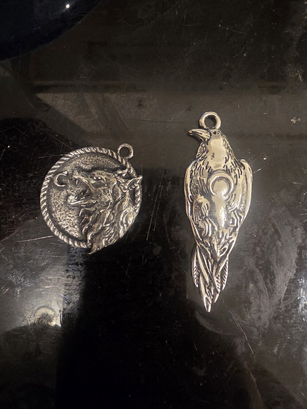 Lot Of 2 Pendants CROW & WOLF Silver Tone Necklace Pendants. No Necklace.